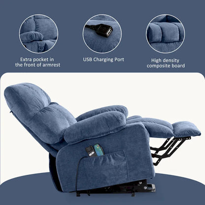 Blue Power Lift Recliner with Heat, Massage, USB Charging, Side Storage, and Remote Control