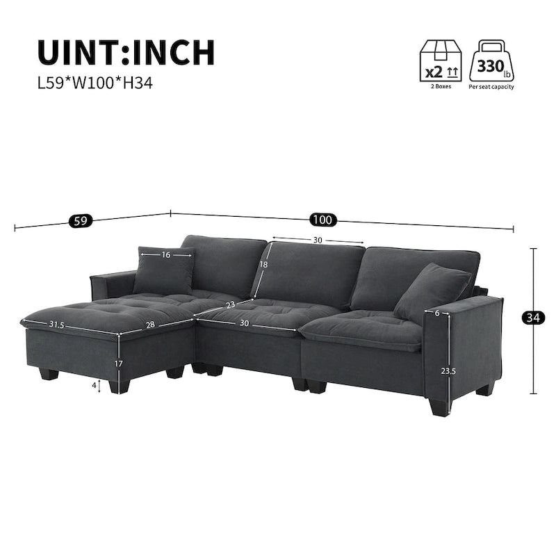 Grey 100 L-Shaped Convertible 4 Seater Sectional Sofa with Removable Ottoman and Matching Pillows, Perfect for Living Room