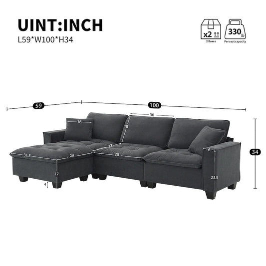 Grey 100 L-Shaped Convertible 4 Seater Sectional Sofa with Removable Ottoman and Matching Pillows, Perfect for Living Room