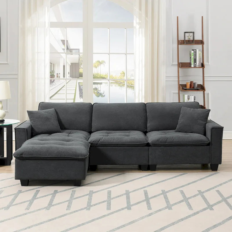 Grey 100 L-Shaped Convertible 4 Seater Sectional Sofa with Removable Ottoman and Matching Pillows, Perfect for Living Room