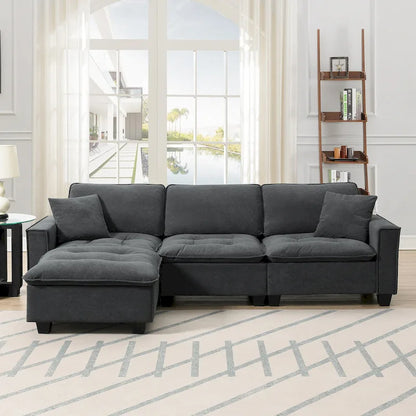 Grey 100 L-Shaped Convertible 4 Seater Sectional Sofa with Removable Ottoman and Matching Pillows, Perfect for Living Room