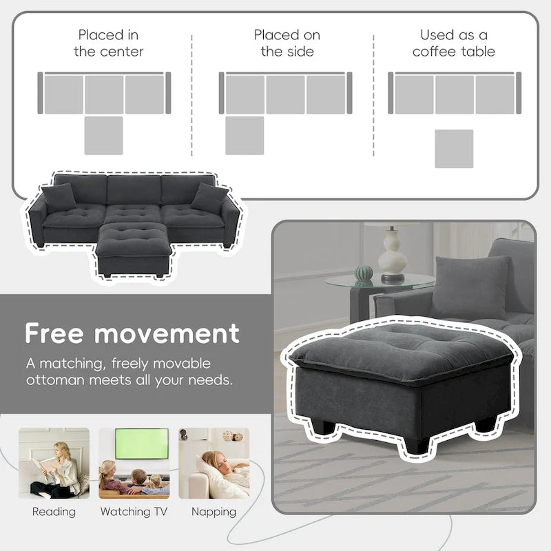 Grey 100 L-Shaped Convertible 4 Seater Sectional Sofa with Removable Ottoman and Matching Pillows, Perfect for Living Room