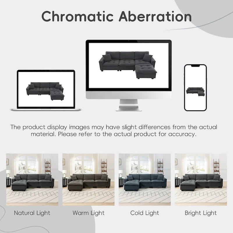 Grey 100 L-Shaped Convertible 4 Seater Sectional Sofa with Removable Ottoman and Matching Pillows, Perfect for Living Room