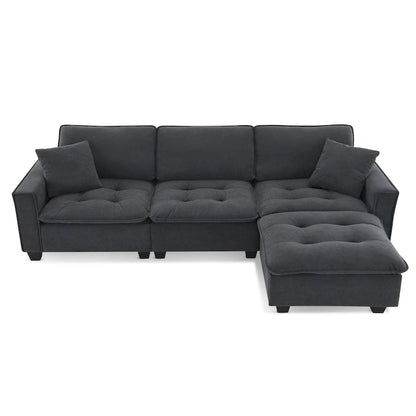 Grey 100 L-Shaped Convertible 4 Seater Sectional Sofa with Removable Ottoman and Matching Pillows, Perfect for Living Room