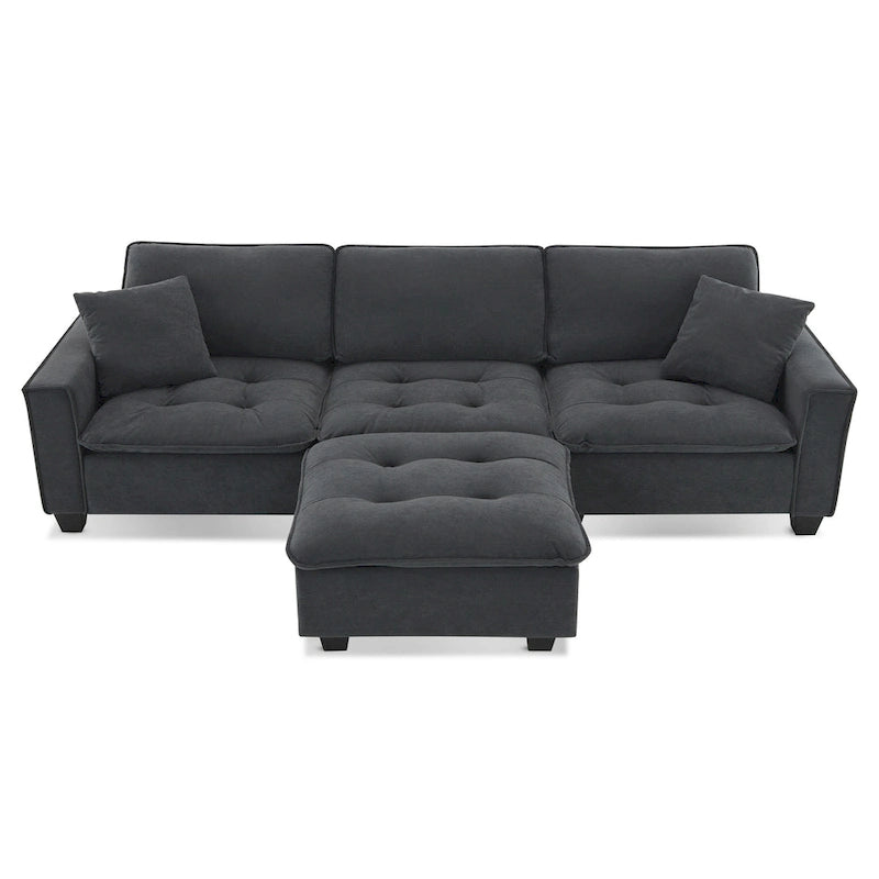 Grey 100 L-Shaped Convertible 4 Seater Sectional Sofa with Removable Ottoman and Matching Pillows, Perfect for Living Room