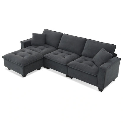 Grey 100 L-Shaped Convertible 4 Seater Sectional Sofa with Removable Ottoman and Matching Pillows, Perfect for Living Room