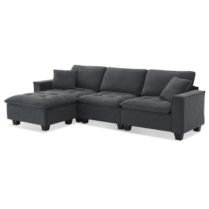 Grey 100 L-Shaped Convertible 4 Seater Sectional Sofa with Removable Ottoman and Matching Pillows, Perfect for Living Room