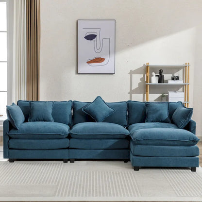 Blue 112.2 Modern L-Shaped 4-Seat Sectional Sofa with Removable Ottoman, 5 Plush Pillows, and Sturdy Construction