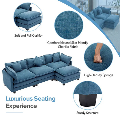 Blue 112.2 Modern L-Shaped 4-Seat Sectional Sofa with Removable Ottoman, 5 Plush Pillows, and Sturdy Construction