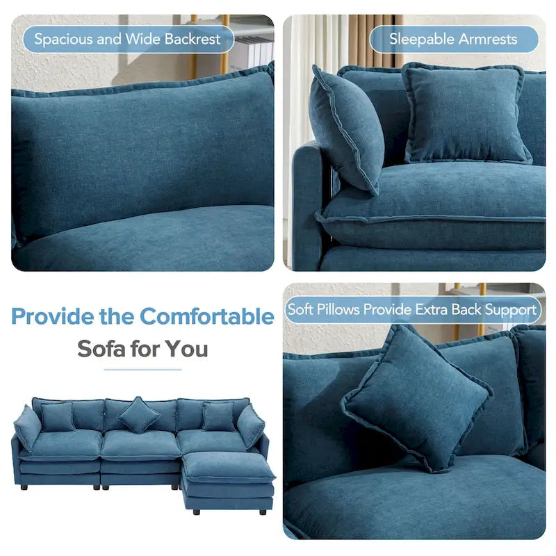 Blue 112.2 Modern L-Shaped 4-Seat Sectional Sofa with Removable Ottoman, 5 Plush Pillows, and Sturdy Construction