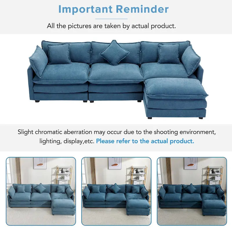 Blue 112.2 Modern L-Shaped 4-Seat Sectional Sofa with Removable Ottoman, 5 Plush Pillows, and Sturdy Construction