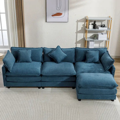 Blue 112.2 Modern L-Shaped 4-Seat Sectional Sofa with Removable Ottoman, 5 Plush Pillows, and Sturdy Construction