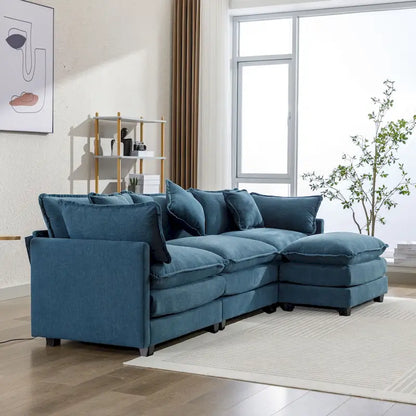 Blue 112.2 Modern L-Shaped 4-Seat Sectional Sofa with Removable Ottoman, 5 Plush Pillows, and Sturdy Construction
