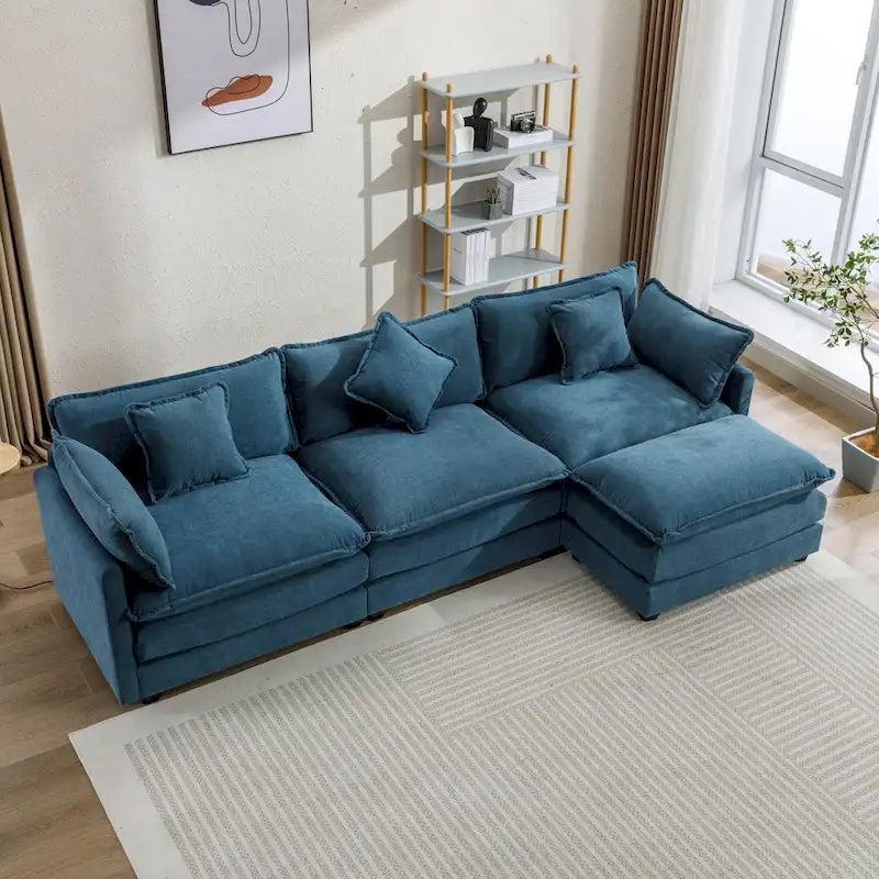 Blue 112.2 Modern L-Shaped 4-Seat Sectional Sofa with Removable Ottoman, 5 Plush Pillows, and Sturdy Construction
