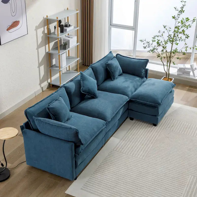 Blue 112.2 Modern L-Shaped 4-Seat Sectional Sofa with Removable Ottoman, 5 Plush Pillows, and Sturdy Construction