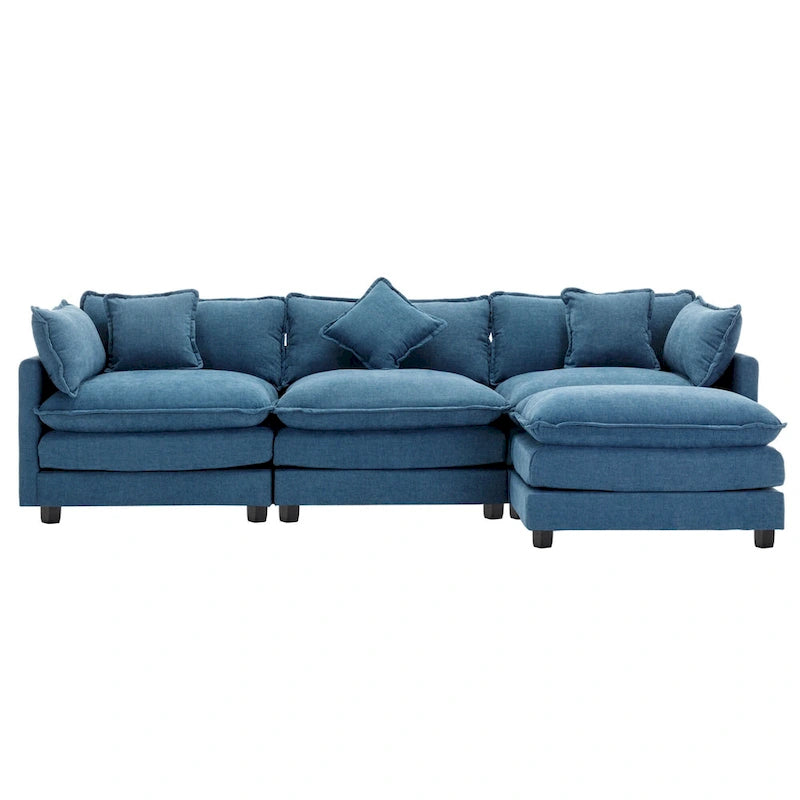 Blue 112.2 Modern L-Shaped 4-Seat Sectional Sofa with Removable Ottoman, 5 Plush Pillows, and Sturdy Construction