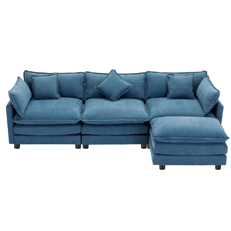 Blue 112.2 Modern L-Shaped 4-Seat Sectional Sofa with Removable Ottoman, 5 Plush Pillows, and Sturdy Construction