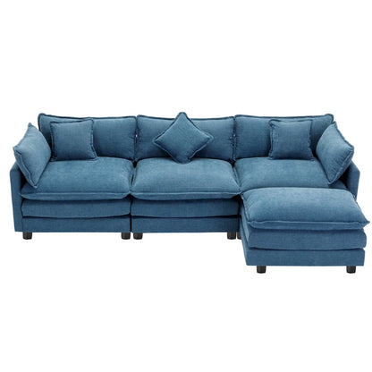 Blue 112.2 Modern L-Shaped 4-Seat Sectional Sofa with Removable Ottoman, 5 Plush Pillows, and Sturdy Construction
