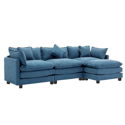 Blue 112.2 Modern L-Shaped 4-Seat Sectional Sofa with Removable Ottoman, 5 Plush Pillows, and Sturdy Construction