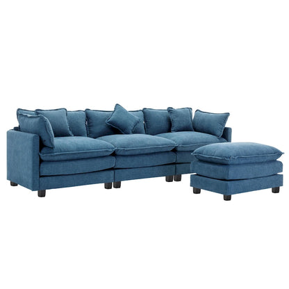 Blue 112.2 Modern L-Shaped 4-Seat Sectional Sofa with Removable Ottoman, 5 Plush Pillows, and Sturdy Construction