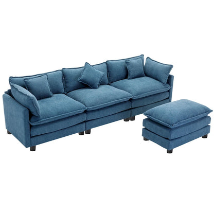 Blue 112.2 Modern L-Shaped 4-Seat Sectional Sofa with Removable Ottoman, 5 Plush Pillows, and Sturdy Construction