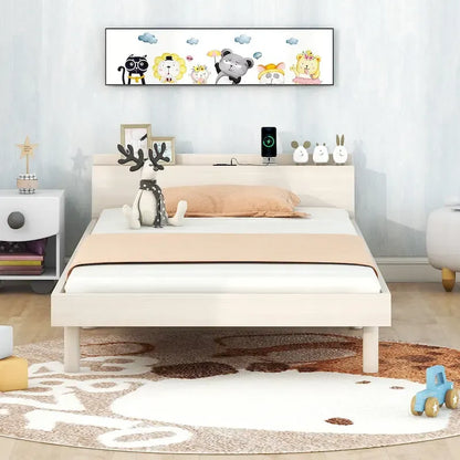White Washed Twin Platform Bed with Built-in USB Port