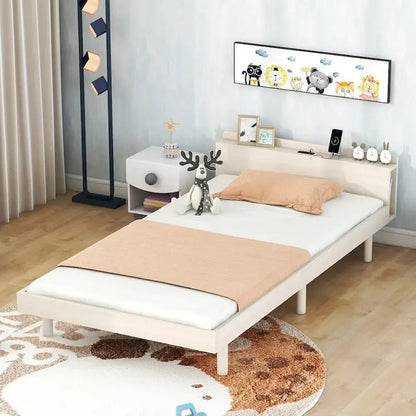 White Washed Twin Platform Bed with Built-in USB Port