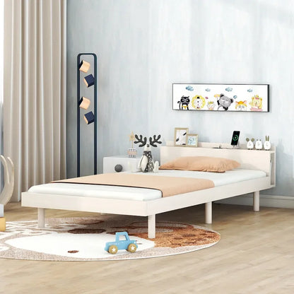 White Washed Twin Platform Bed with Built-in USB Port