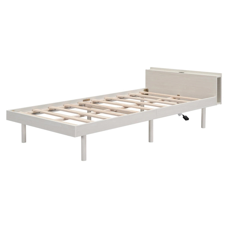 White Washed Twin Platform Bed with Built-in USB Port