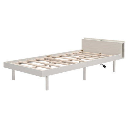 White Washed Twin Platform Bed with Built-in USB Port
