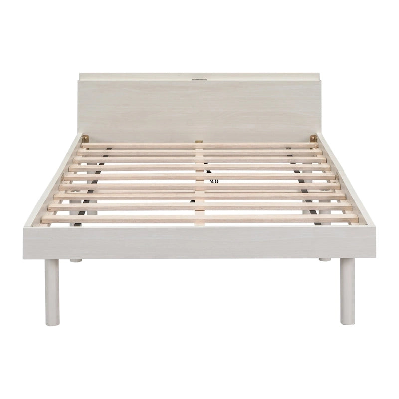 White Washed Twin Platform Bed with Built-in USB Port
