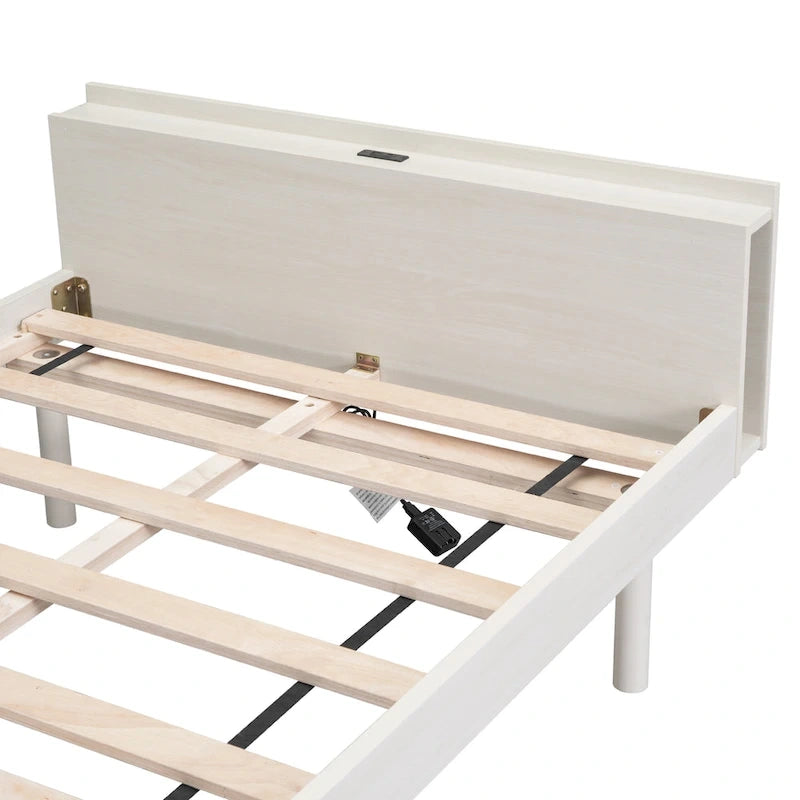 White Washed Twin Platform Bed with Built-in USB Port