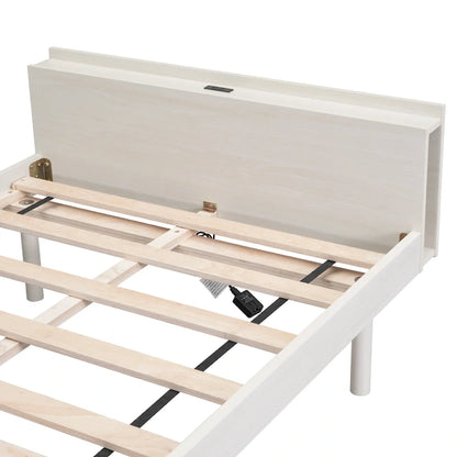 White Washed Twin Platform Bed with Built-in USB Port