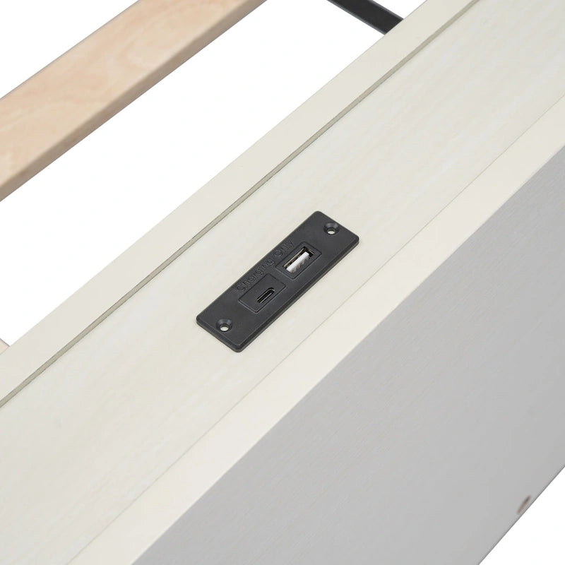 White Washed Twin Platform Bed with Built-in USB Port