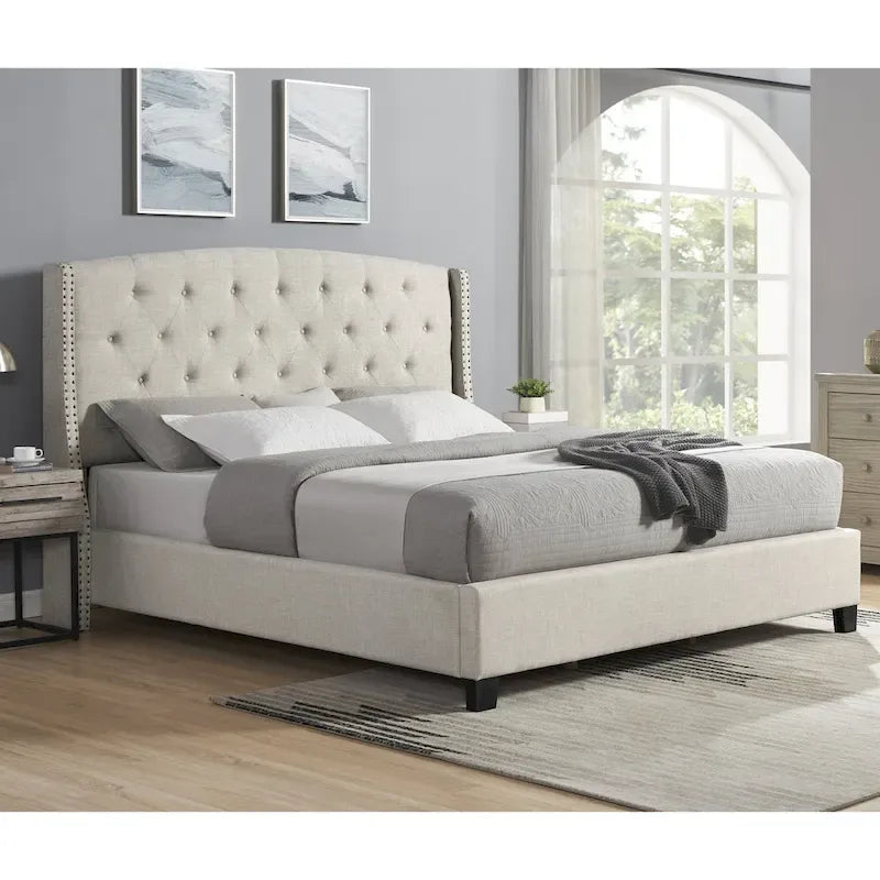 Upholstered Polyester Platform Bed with Button Tufted Wingback