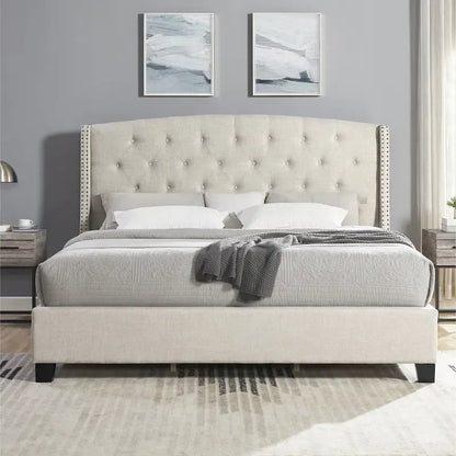 Upholstered Polyester Platform Bed with Button Tufted Wingback