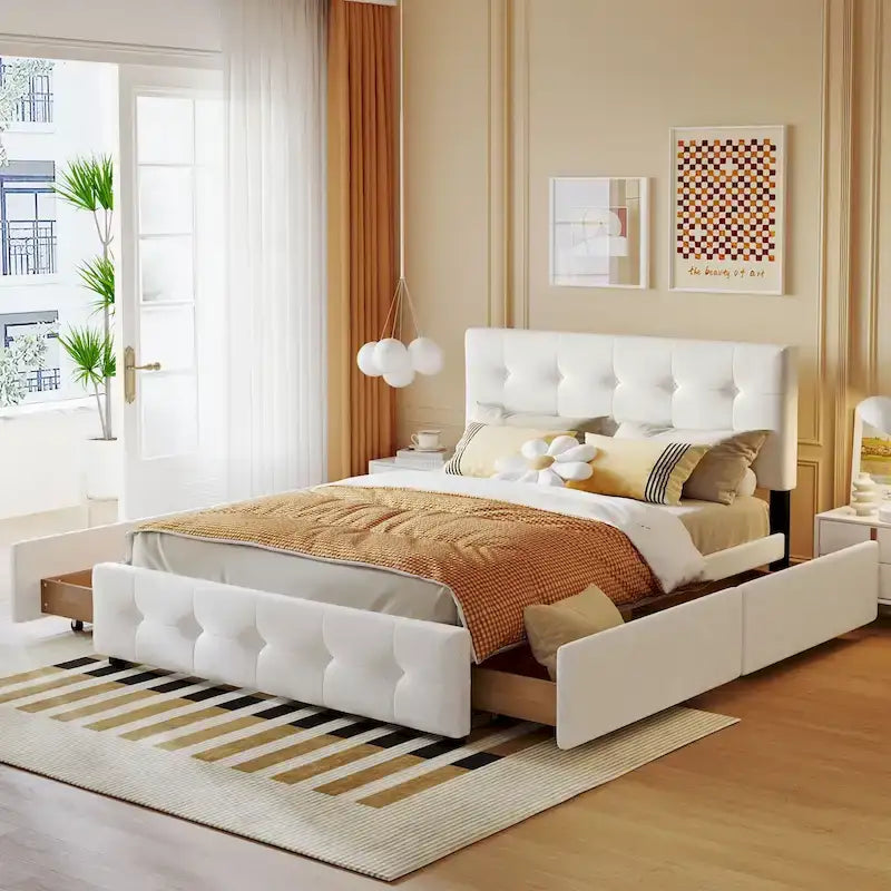 Queen Size Linen Button Tufted Platform Bed Frame with 4 Storage Drawers