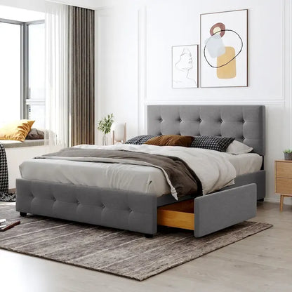 Queen Size Linen Button Tufted Platform Bed Frame with 4 Storage Drawers