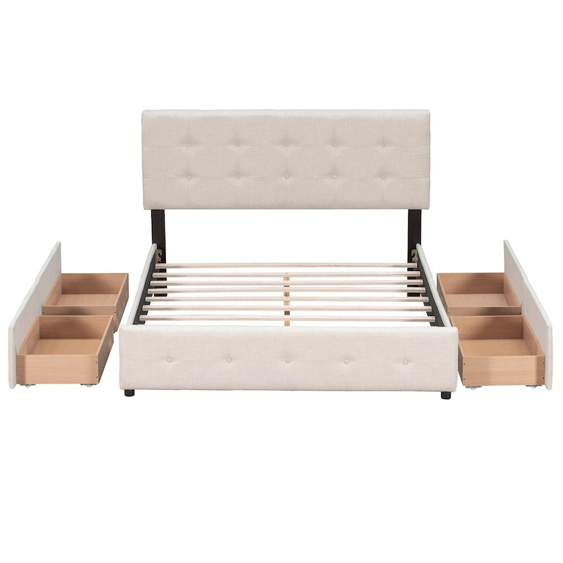 Queen Size Linen Button Tufted Platform Bed Frame with 4 Storage Drawers