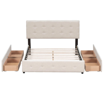 Queen Size Linen Button Tufted Platform Bed Frame with 4 Storage Drawers