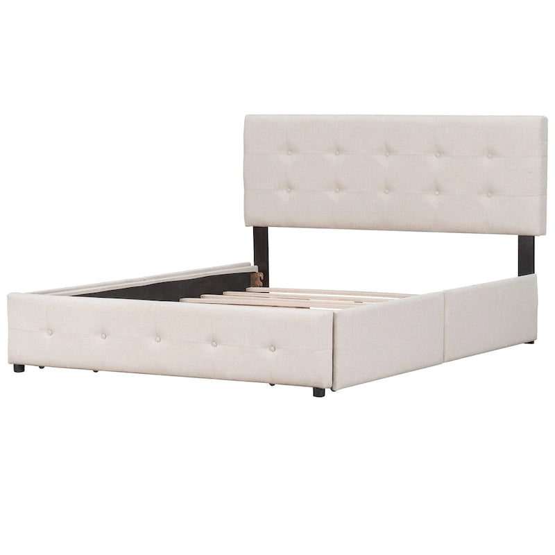 Queen Size Linen Button Tufted Platform Bed Frame with 4 Storage Drawers