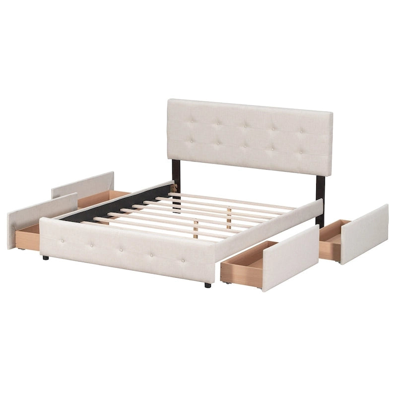 Queen Size Linen Button Tufted Platform Bed Frame with 4 Storage Drawers