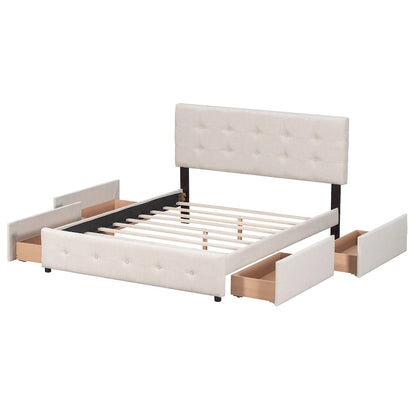 Queen Size Linen Button Tufted Platform Bed Frame with 4 Storage Drawers