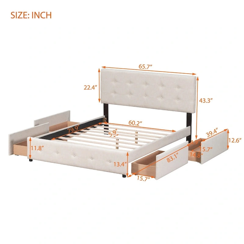 Queen Size Linen Button Tufted Platform Bed Frame with 4 Storage Drawers