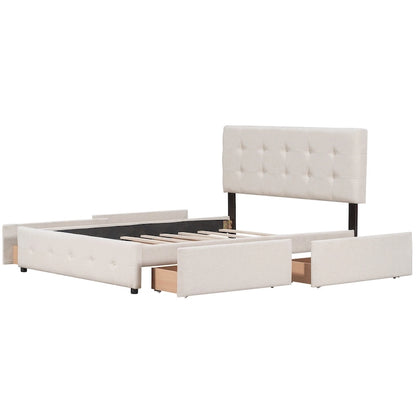 Queen Size Linen Button Tufted Platform Bed Frame with 4 Storage Drawers