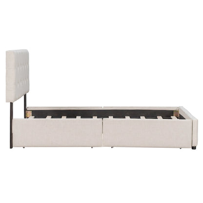 Queen Size Linen Button Tufted Platform Bed Frame with 4 Storage Drawers
