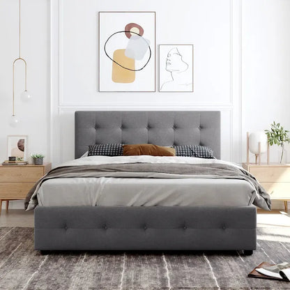 Queen Size Linen Button Tufted Platform Bed Frame with 4 Storage Drawers