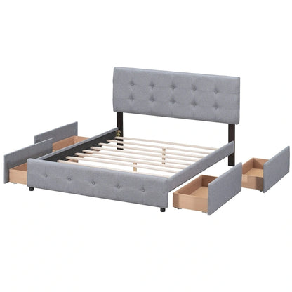 Queen Size Linen Button Tufted Platform Bed Frame with 4 Storage Drawers