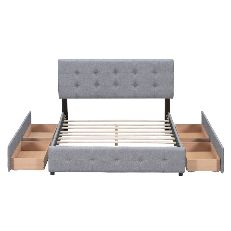 Queen Size Linen Button Tufted Platform Bed Frame with 4 Storage Drawers