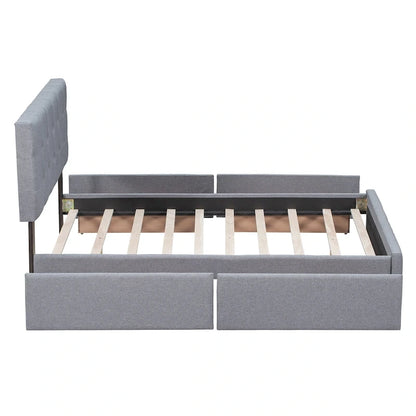 Queen Size Linen Button Tufted Platform Bed Frame with 4 Storage Drawers